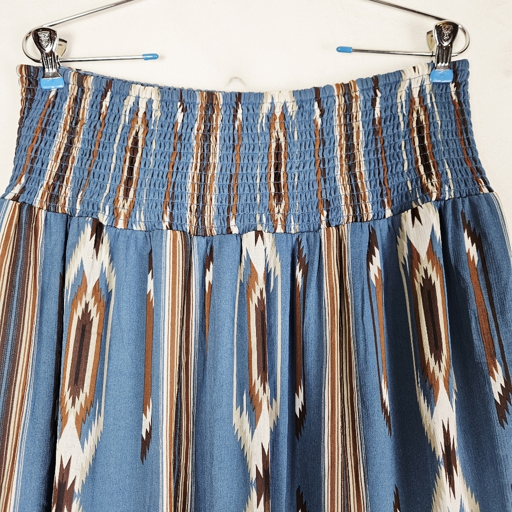 NWT Ariat Chimayo Blue and Brown High Low Smocked Maxi Skirt Size Large - Picture 3 of 5
